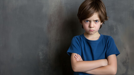 Young boy with crossed arms and a stern expression, standing against a textured grey background, indicating displeasure or defiance