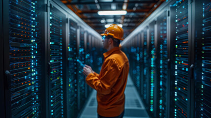 A network engineer in a secure data center manages a largescale protection strategy, with visualization of connected databases and cybersecurity measures