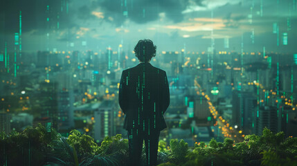 Fototapeta premium A businessman overlooking a landscape of financial charts, emphasizing the correlation between interest rates and capital growth