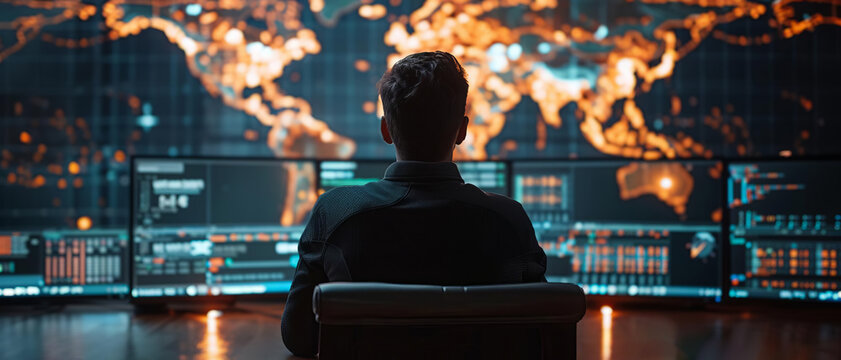 A network administrator monitors a global map of realtime cyber attacks, strategizing the protection of private keys with advanced software tools and secure connections