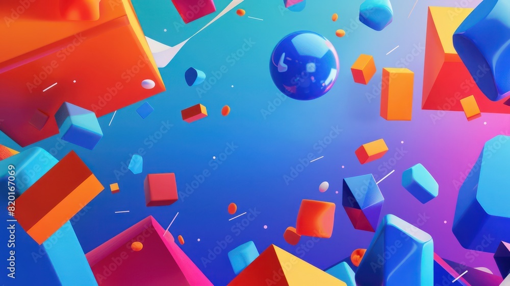 Poster an array of vibrant geometric shapes seemingly floating against a gradient blue and purple backdrop