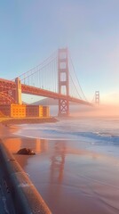 At dawn, fog envelops the historic Golden Gate Bridge from Fort Point, casting muted sunrise hues over the structure