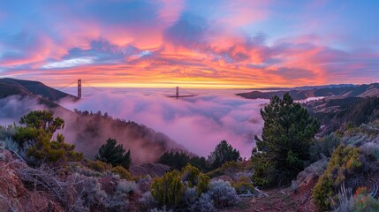 View of the Golden Gate Bridge from a hill at dawn, enveloped in a foggy atmosphere, offering a...
