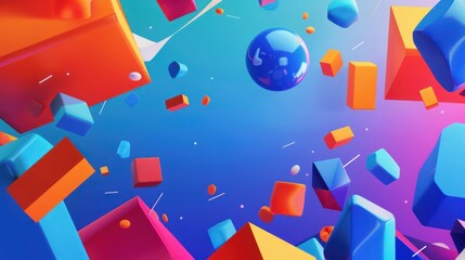 An array of vibrant geometric shapes seemingly floating against a gradient blue and purple backdrop