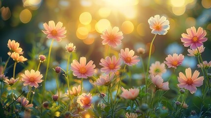 Beautiful field of pink and white daisies glowing in the warm golden sunlight, with a bokeh background creating a dreamy and serene atmosphere.