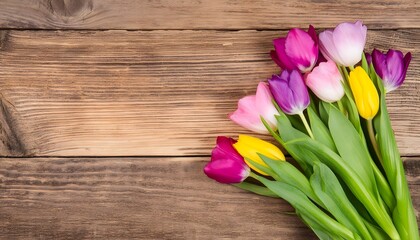 Colorful bouquet of tulips on vintage wooden background, copy space for text, top view, generative AI