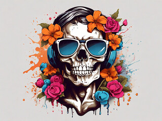 A Dead Skull wearing trendy sunglasses t-shirt design flowers splash t-shirt design