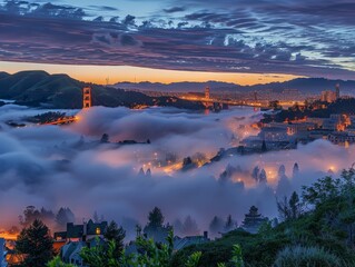 The Golden Gate Bridge is seen from the park at dawn, with fog enveloping the lower parts and lush greenery in the foreground