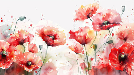 painting watercolor flower background illustration floral nature. Red Poppies flower background for greeting cards weddings or birthdays. Copy space. 