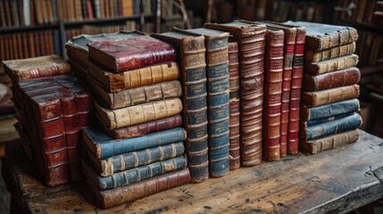 A Old ancient books, historical books. Collection of human knowledge concept. Wide format