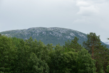 beautiful landscape with a Norwegian mountain peak with snow on it and green conifers below