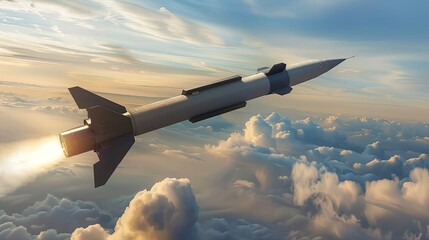 An intercontinental ballistic missile flies above the clouds. Tactical nuclear weapons. Air attack. Illustration for varied design.