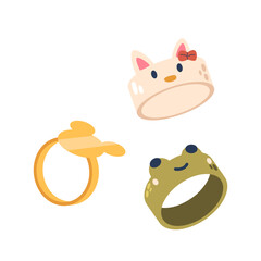 Collection Of Kids Jewelry, Vector Whimsical Fashion Accessories Featuring Animal-themed Rings. Adorable Cat With A Bow