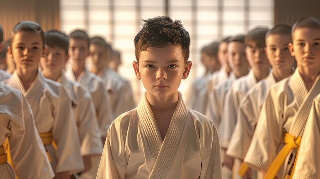 A group of school-age children in kimono at classes in the martial art of hand-to-hand combat: karate, judo, taekwondo, etc. Selective focus on one boy looking at the camera. Illustration for sport.