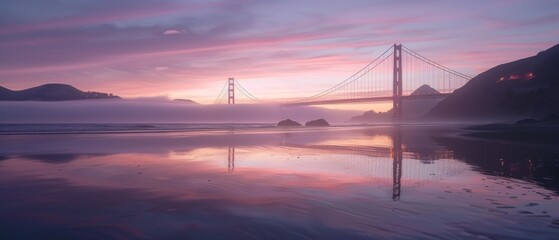 Golden Gate Bridge at dawn, fog ghostly effect, calm waters below captures in long exposure