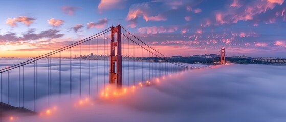Obraz premium Golden Gate Bridge at dawn, fog creates ghostly effect, waters below calm with a long exposure