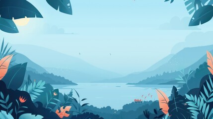 A tranquil scene of a serene lake surrounded by hills and lush tropical foliage under a pastel blue sky