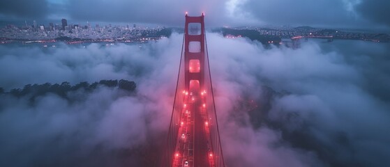 Golden Gate Bridge seen from above at dawn, fog enveloping, cars moving, urban backdrop visible