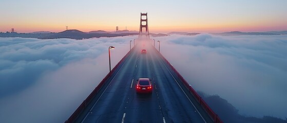 An aerial perspective captures the Golden Gate Bridge in early morning mist, with cars moving against an urban backdrop