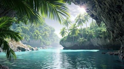Obraz premium A beautiful view from a mountain cave of a beautiful tropical beach against a serene sea or ocean backdrop. Sunny day. Natural background. Illustration for cover, card, interior design, brochure, etc.