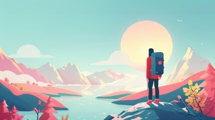 A lone backpacker stands on a rocky outcrop taking in the breathtaking view of a sunrise over a colorful, stylized mountain landscape with a river below