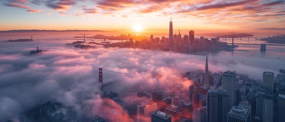 An overhead view of the Golden Gate Bridge at dawn depicts foggy conditions, with cars commuting...