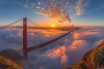 Golden Gate at dawn with fog below, clear sky above, offers a breathtaking panoramic view