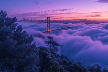 At dawn, admire the Golden Gate's panoramic view with fog below and clear sky above, a breathtaking...