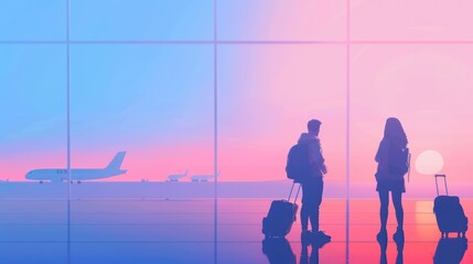 Silhouettes of two travelers with luggage at an airport terminal, with airplanes visible through the window at sunset