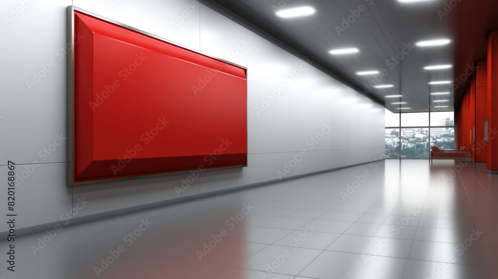 Aufkleber digital art of empty red billboard on a white wall inside a modern building with reflective floor an