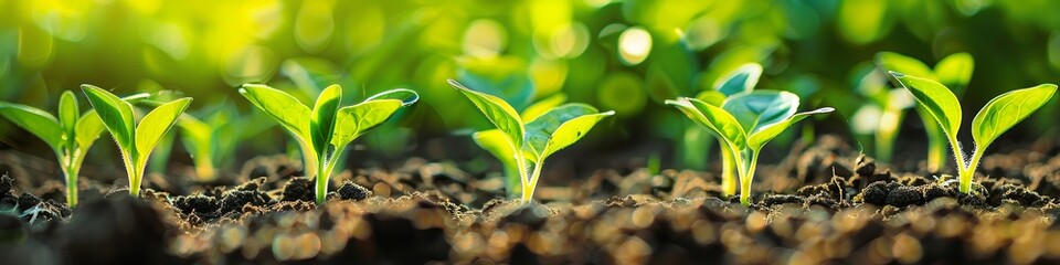 A row of young plants grow in soil, green bokeh background, long banner
