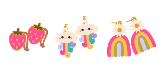 Charming Collection Of Children Jewelry Featuring Kawaii Strawberry Hairpins, Cloud With Rainbow Drops And Earrings
