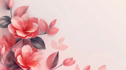 This image features a beautiful and artful illustration of pink flowers with delicate leaves on a soft pastel pink background