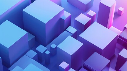 The image depicts a 3D render of an array of geometric cubes in shades of blue and purple with a modern, abstract feel