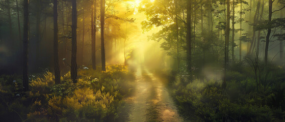 Fototapeta premium A forest path is illuminated by the sun, creating a serene