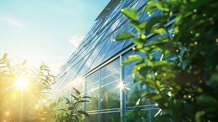 An eco-friendly greenhouse with solar panels integrated into the glass roof, reflecting the midday sun. 8k, realistic, full ultra HD, high resolution and cinematic photography