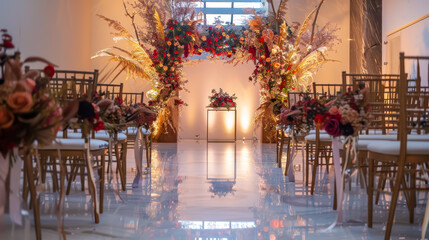 Obraz premium A long, narrow room with a white floor and a long archway in the middle