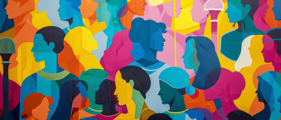 A colorful painting of people with different skin tones and hair colors