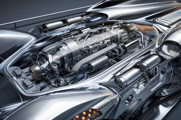 Fototapeta premium A silver car engine with a futuristic design