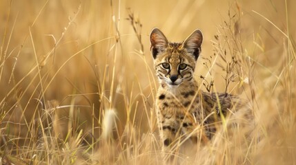 In Zambia's Kafue National Park, on the Busanga Plains, a young serval cat hunts in the tall grass