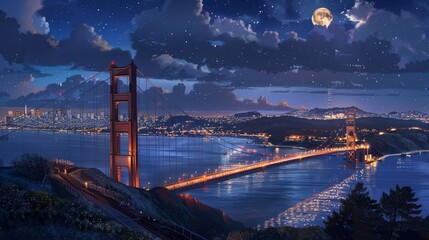Nighttime view of the city and the Golden Gate Bridge