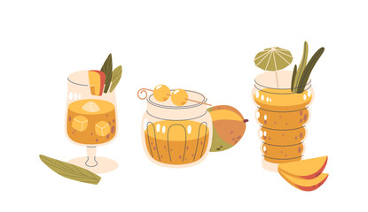 Three Different Mango Cocktails Served In Unique Glasses And Embellished With Various Fruit Garnishes. Summertime Drinks