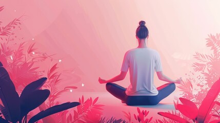A female figure is seen in a peaceful meditative pose amidst a serene, pink-toned background with tropical plant silhouettes