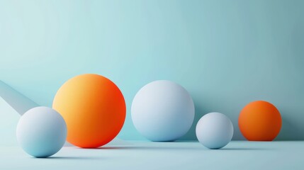 A series of spherical objects in varying sizes with a matte finish, set against a pastel blue backdrop, exhibiting a simple, clean aesthetic