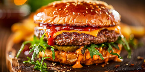 Juicy mouth-watering homemade cheeseburger on wooden cutting board.