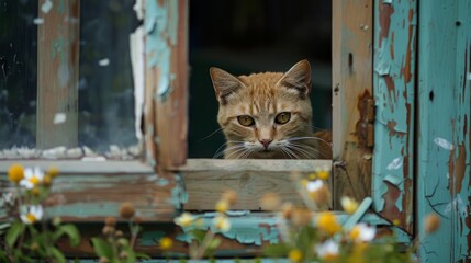 The tiny yellow cat warily glances through the window of the house.