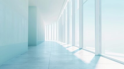 Fototapeta premium A calm and serene corridor with large windows casting soft light on a clean, minimalistic interior design