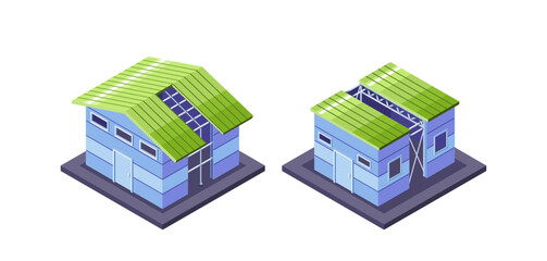 Isometric Houses With Blue Walls, Green Roofs And Solar Panels. Vector Structures Show Modern, Sustainable Residential