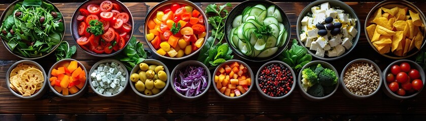 An elegant aerial view of a long table set for a buffet, featuring assorted salads with colorful toppings, the background softly fading, ample space for text.