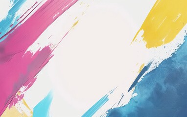 This image features a dynamic composition of vibrant abstract paint strokes in pink, yellow, and blue tones on a white background